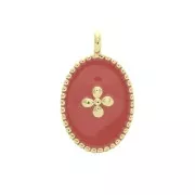 Medaglieta ovale con croce in resina epossidica 14x8.5 mm Dorato con oro fino - Corallo x1