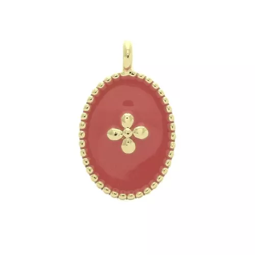 Medaglieta ovale con croce in resina epossidica 14x8.5 mm Dorato con oro fino - Corallo x1