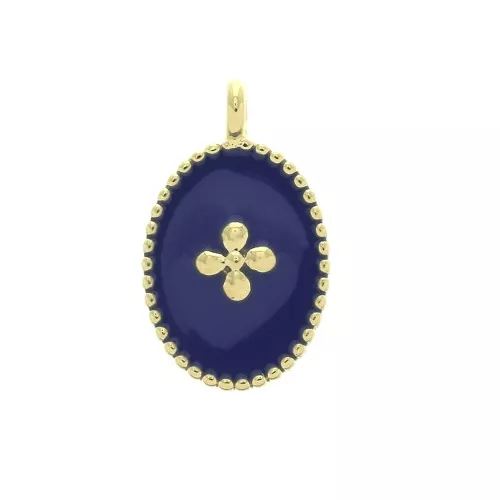 Medaglieta ovale con croce in resina epossidica 14x8.5 mm Dorato con oro fino - Blu scuro x1