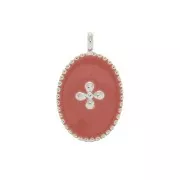 Medaglieta ovale con croce in resina epossidica 14x8.5 mm Placcatura argento fino - Corallo x1