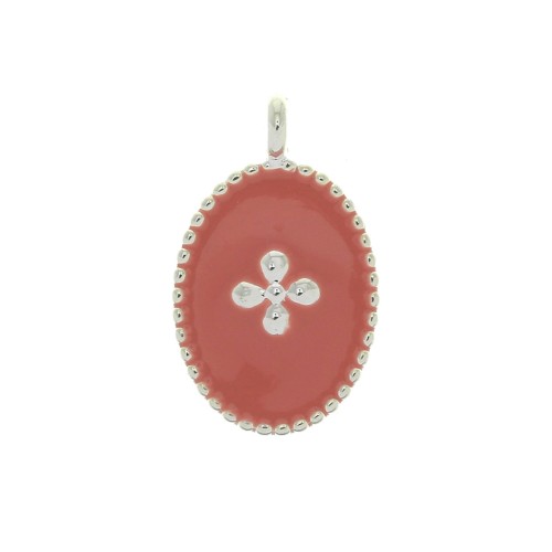 Medaglieta ovale con croce in resina epossidica 14x8.5 mm Placcatura argento fino - Corallo x1