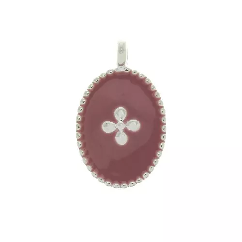 Medaglieta ovale con croce in resina epossidica 14x8.5 mm Placcatura argento fino - Vecchio Rosa