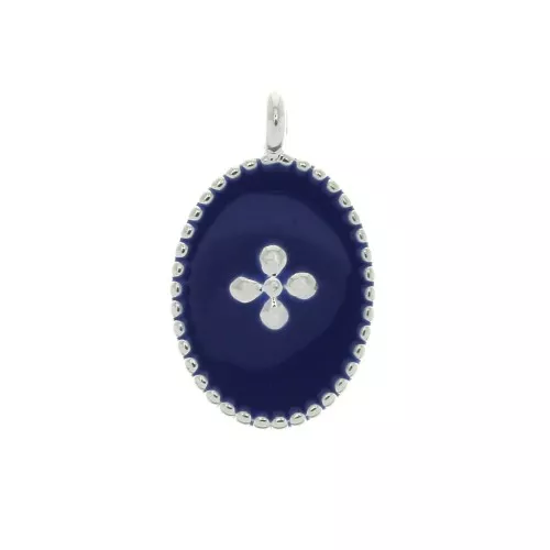 Medaglieta ovale con croce in resina epossidica 14x8.5 mm Placcatura argento fino - Blu scuro