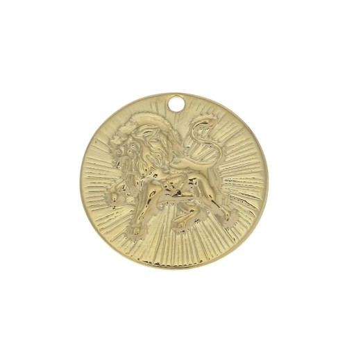 Ciondolo rotondo striato - segno zodiacale Leone 15 mm - dorato all'oro fino x1