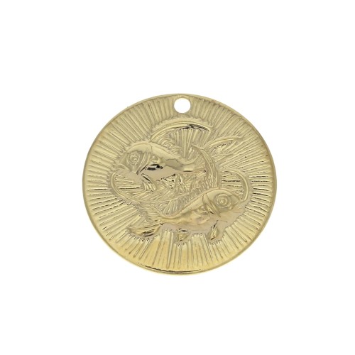 Ciondolo rotondo striato - segno zodiacale Pesce 15 mm - dorato all'oro fino x1