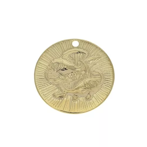Ciondolo rotondo striato - segno zodiacale Pesce 15 mm - dorato all'oro fino x1