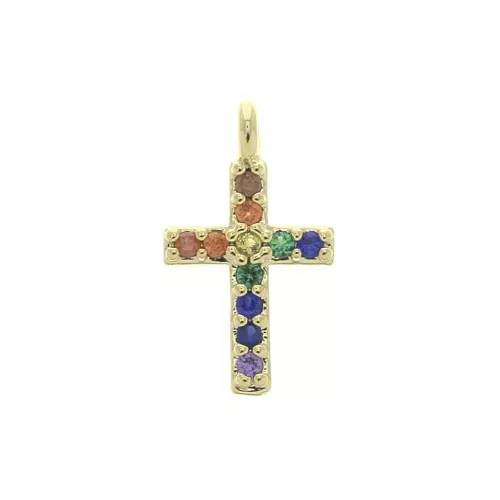 Ciondolo a croce in ossido di zirconio 11,5x7 mm - Dorato con oro fino - Multicolore x1