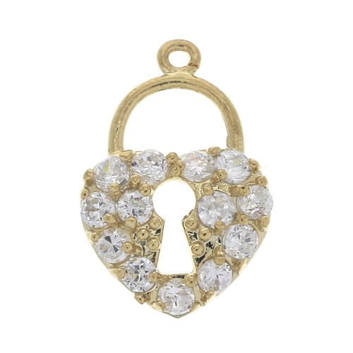 Ciondolo lucchetto  cuore & Ossido di zirconio - anello aperto 16x10.5mm dorato - Crystal x1