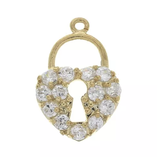 Ciondolo lucchetto cuore & Ossido di zirconio - anello aperto 16x10.5mm dorato - Crystal x1