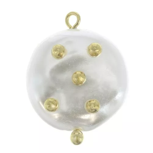 Pendente disco irregolare con sfere imitazione madrep. 23x18 mm-Bianco-dorato x1