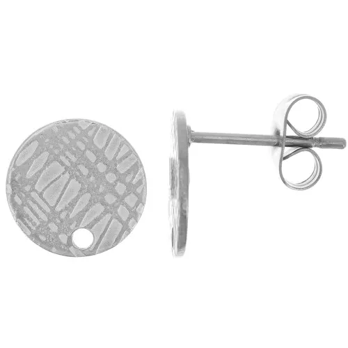 Chiodi di orecchie disco strutturato 10 mm con foro - Acciaio inossidabile x2