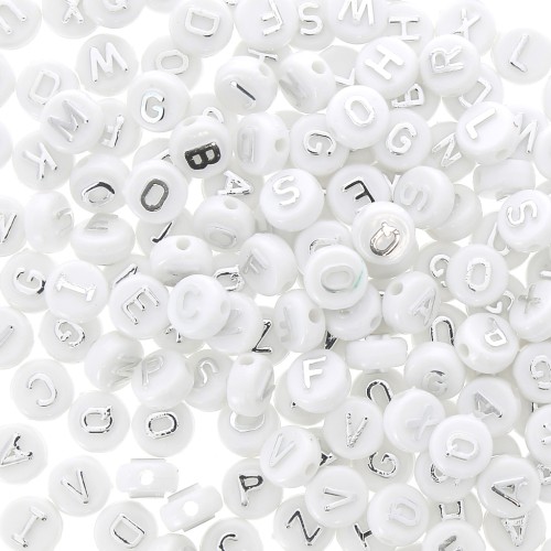Assortimento di 200 perline- Lettere -in rilievo 9.5 mm - Bianco - Argentato