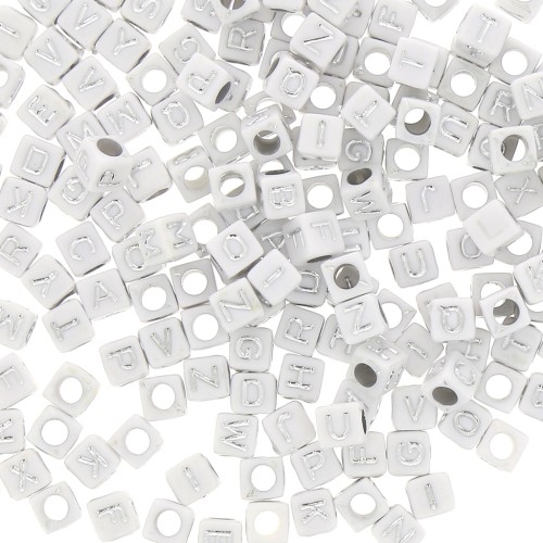 Assortimento di 200 perle lettere alfabeto cubi 6 mm - Bianco - Argentato