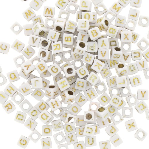 Assortimento di 200 perle lettere alfabeto cubi 6 mm - Bianco - Dorato