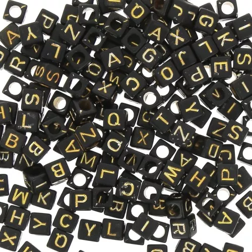 Assortimento di 200 perle lettere alfabeto cubi 6 mm - Nero - Dorato