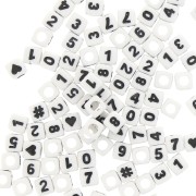 Assortimento di 100 perle cifre e simboli cubi 7 mm - Bianco - Nero