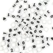 Assortimento di 100 perle cifre e simboli cubi 7 mm - Bianco - Nero