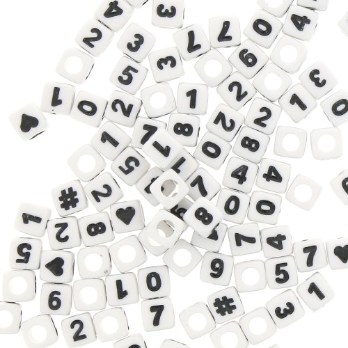 Assortimento di 100 perle cifre e simboli cubi 7 mm - Bianco - Nero
