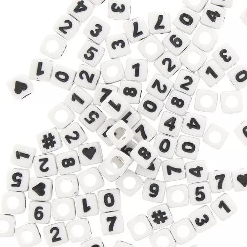 Assortimento di 100 perle cifre e simboli cubi 7 mm - Bianco - Nero