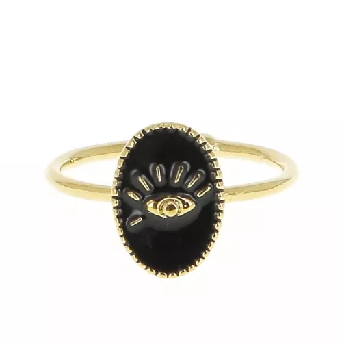 Anello ovale regolabile con resina epossidica - modello occhio-Dorato con oro fino-Nero x1