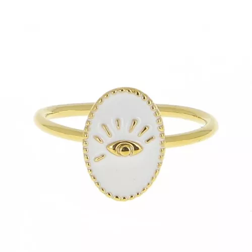 Anello ovale regolabile con resina epossidica - modello occhio-Dorato-Bianco x1