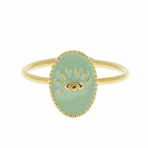 Anello ovale regolabile con resina epossidica - occhio-Dorato con oro fi- Menta x1