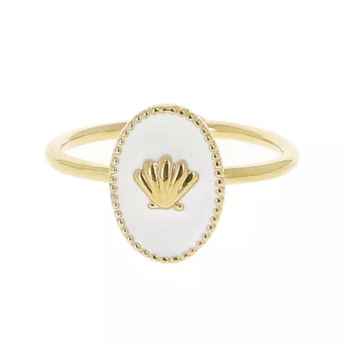 Anello ovale regolabile -modello conchiglia -Dorato con oro fino -Bianco x1