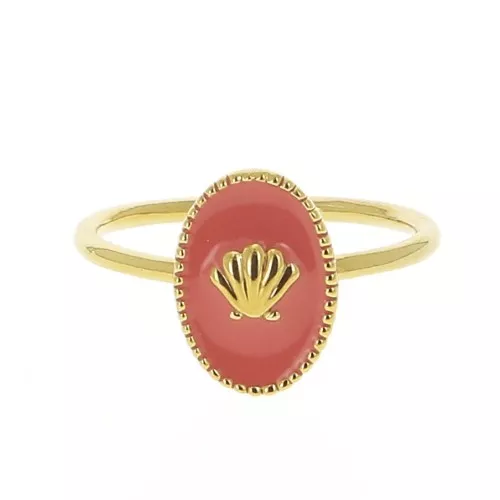 Anello ovale regolabile -modello conchiglia - Dorato con oro fino -Corallo x1
