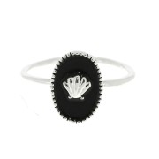 Anello ovale regolabile con resina epossidica - conchiglia - Placcatura argento fino - Nero x1