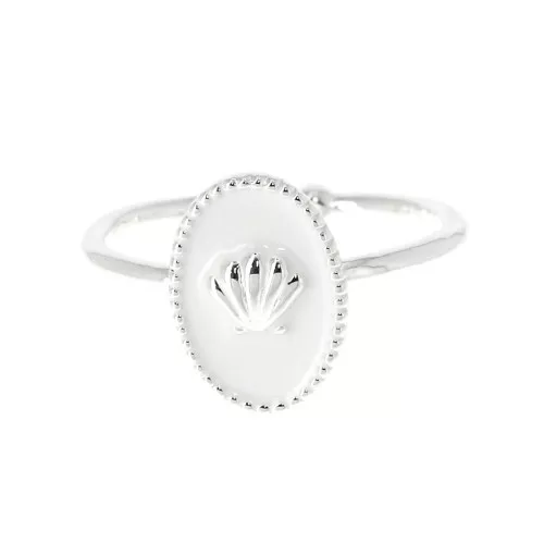 Anello ovale regolabile con resina epossidica-conchiglia - Placcatura argento fino - Bianco x1