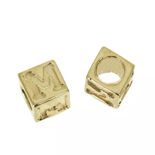 Perle lettere alfabeto cubo 5 mm congros foro - M - Placcato oro 3 micron x1