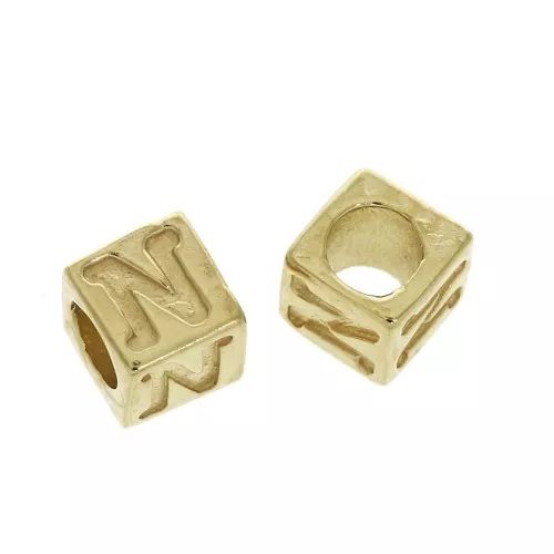 Perle lettere alfabeto cubo 5 mm congros foro - N - Placcato oro 3 micron x1