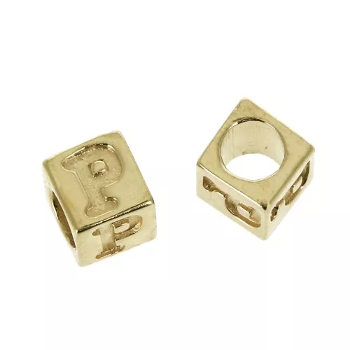 Perle lettere alfabeto cubo 5 mm congros foro - P - Placcato oro 3 micron x1