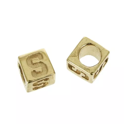 Perle lettere alfabeto cubo 5 mm congros foro - S - Placcato oro 3 micron x1