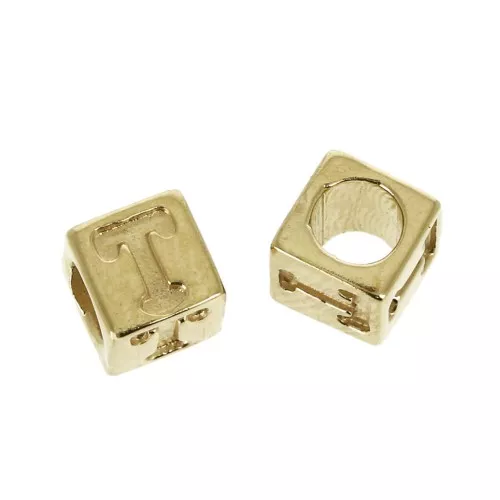 Perle lettere alfabeto cubo 5 mm congros foro - T - Placcato oro 3 micron x1