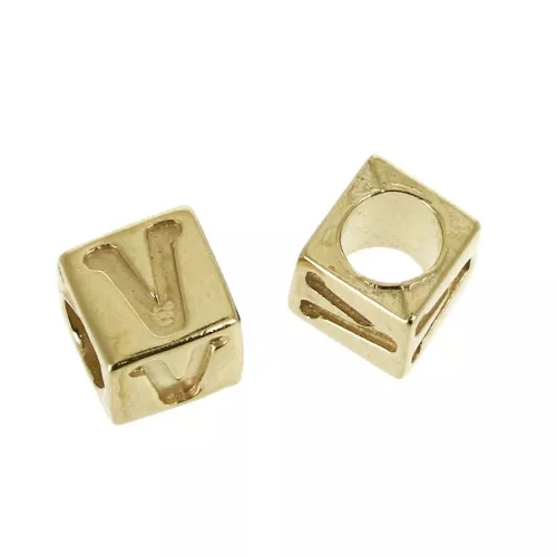Perle lettere alfabeto cubo 5 mm congros foro - V - Placcato oro 3 micron x1