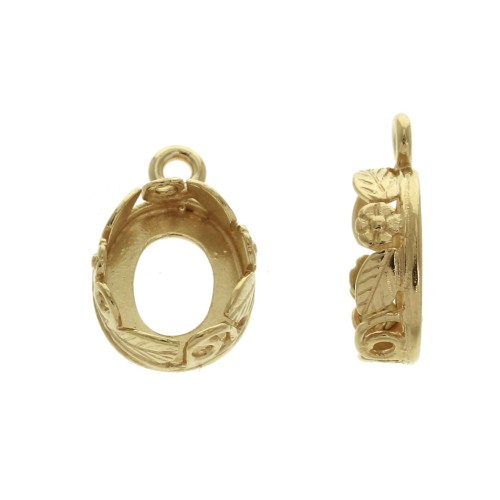 Pendente ovale lavorato per cabochon fondo piatto 10x8 mm Placcato Oro 3 micron x1