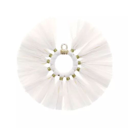 Pendente ventaglio con pompon in rafia 53 mm - Bianco - Dorato x1