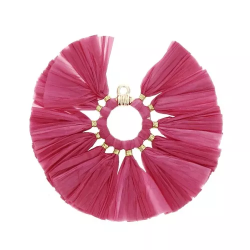 Pendente ventaglio con pompon in rafia 53mm - Lampone - Dorato x1