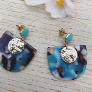 Orecchini rotondo in resina epossidica con anello 11.5x9 mm - Dorato con oro fino - Blu scuro x2