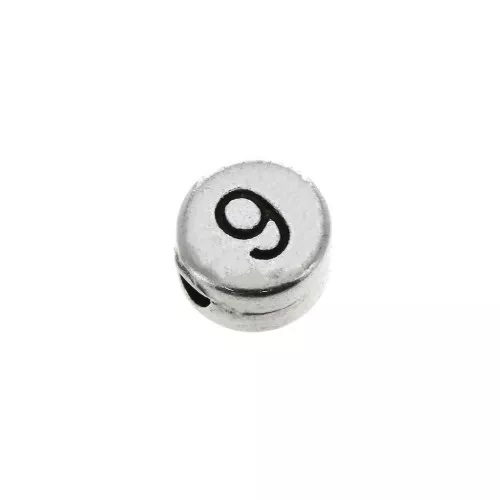 Perlina lettere dell'alfabeto rotondo in metallo 7 mm -9- Argentato invecchiato x1