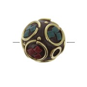 Perla rotonda tibetana etnica 14 mm Rosso - Turchese x1|raw }}