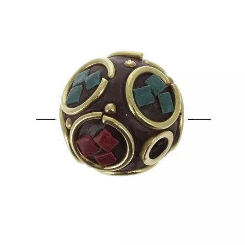 Perla rotonda tibetana etnica 14 mm Rosso - Turchese x1