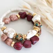 Perla rotonda tibetana etnica 14 mm Rosso - Turchese x1