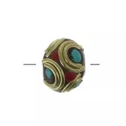 Perla rondella tibetana etnica 9x11 mm Rosso - Turchese x1