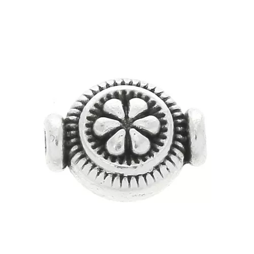 Perla rotonda lavorata modello fiore in zamac 10x8 mm - Placcatura Argento Antico x1