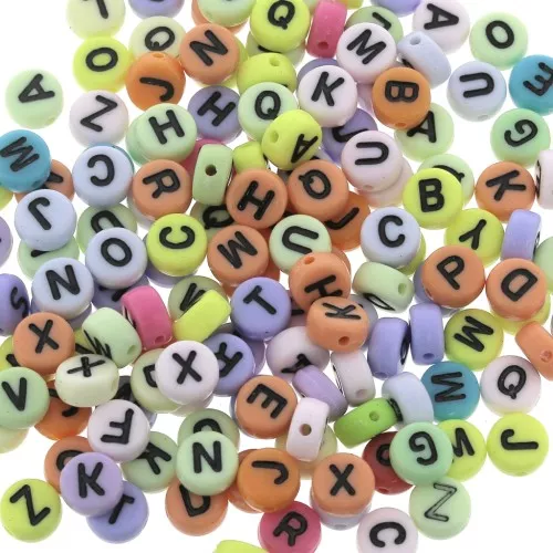 Assortimento di 200 perline- Lettere alfabeto - 7 mm Multicolore Pastello - Nero