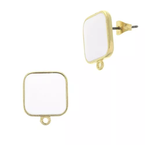 Chiodi di orecchie quadrato resina epo. 17x15 mm - Dorato oro fino - Bianco x2