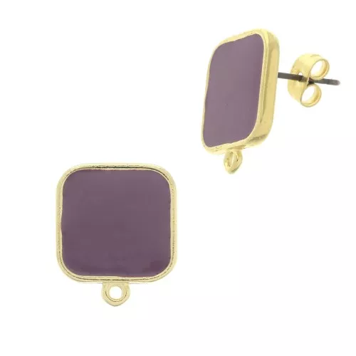 Chiodi di orecchie quadrato resina epo. 17x15 mm Dorato oro fino - Prugna x2