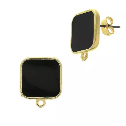 Chiodi di orecchie quadrato resina epo. 17x15 mm Dorato oro fino Nero x2